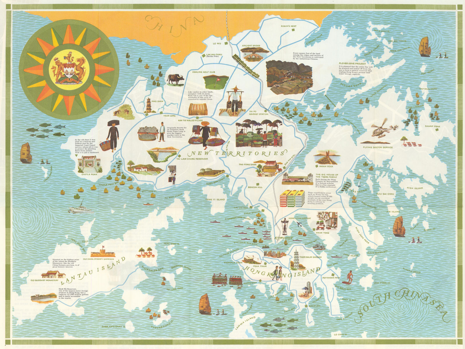 Hong Kong and the New Territories pictorial map. HK Tourist Association 1966